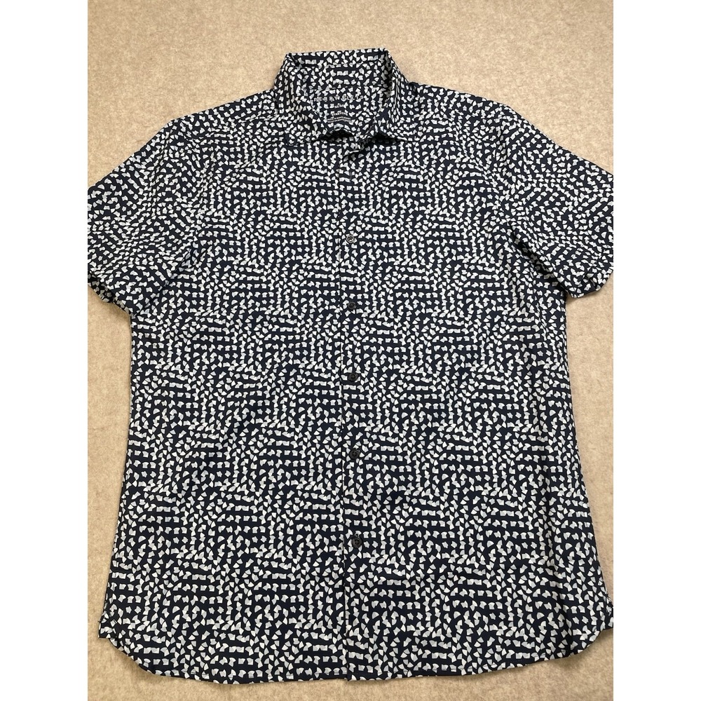 Perry Ellis Stretch Short Sleeve Shirt Blue Pattern Button Up Collared Size Med